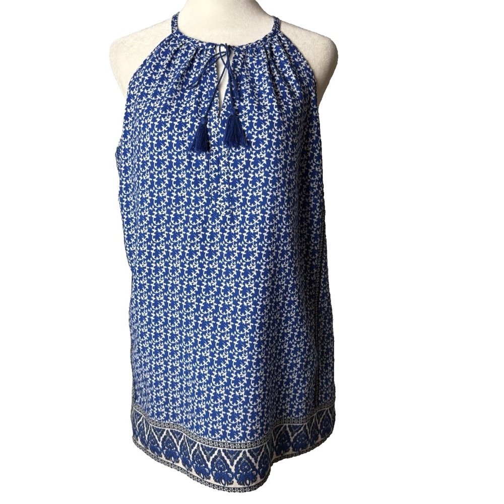 Renuar Sleeveless Blouse Size Medium Top Tassel Ties Blue White Casual Travel